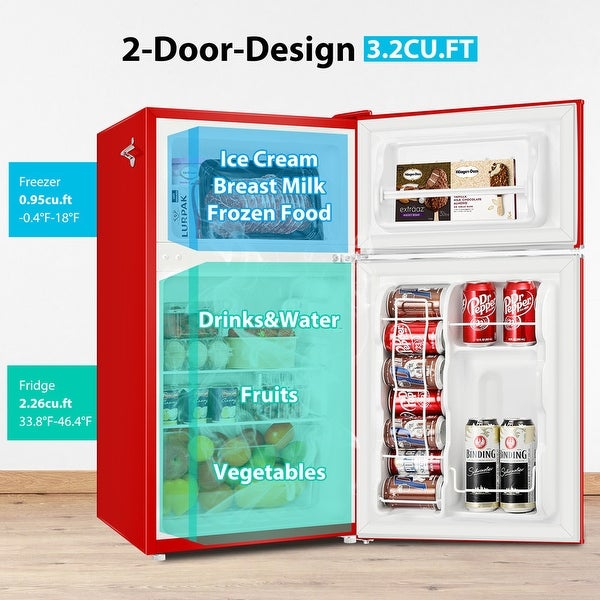 3.2 cu.ft. Mini Refrigerator with Freezer， Reversible Single Door， Energy Saving， Low Noise