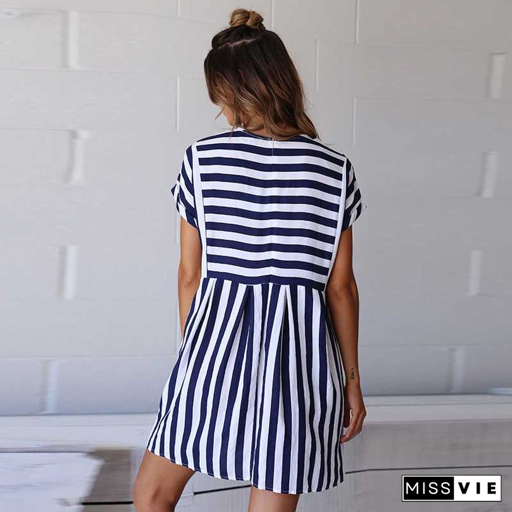 Slimming High Waisted Striped Short Sleeve Swing Dress