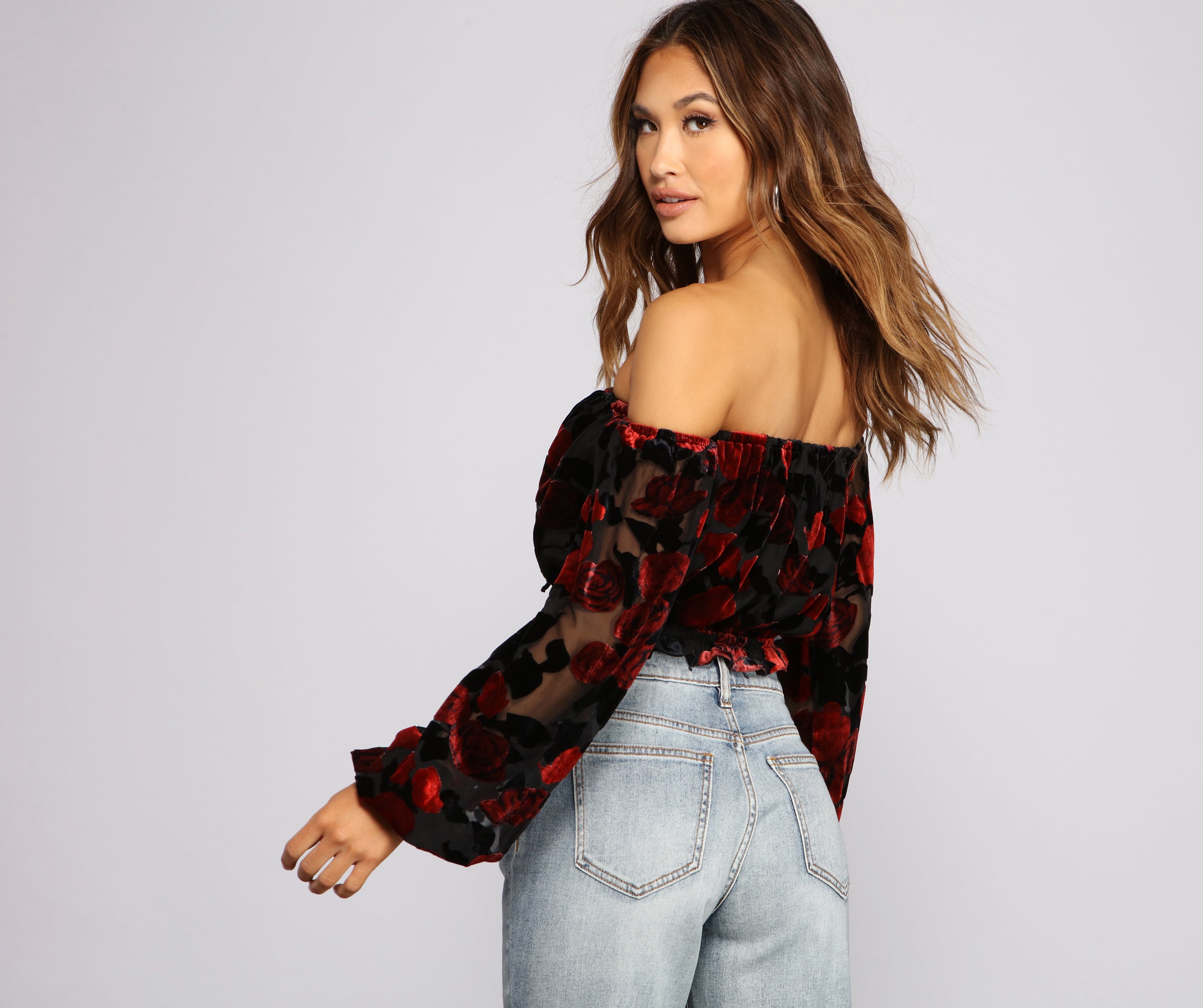 Floral Burnout Off The Shoulder Crop Top