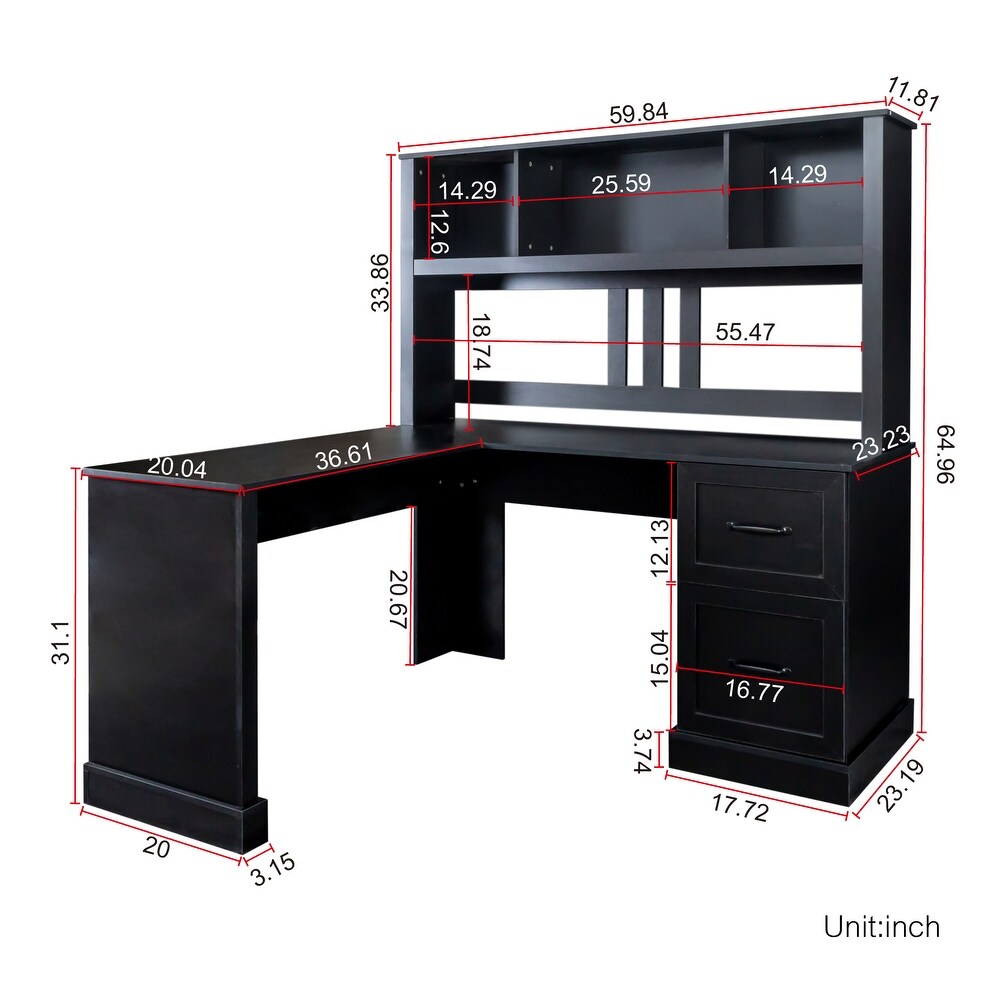L Shape Home Office Computer Desk with Hutch Study Table with Drawers  Black