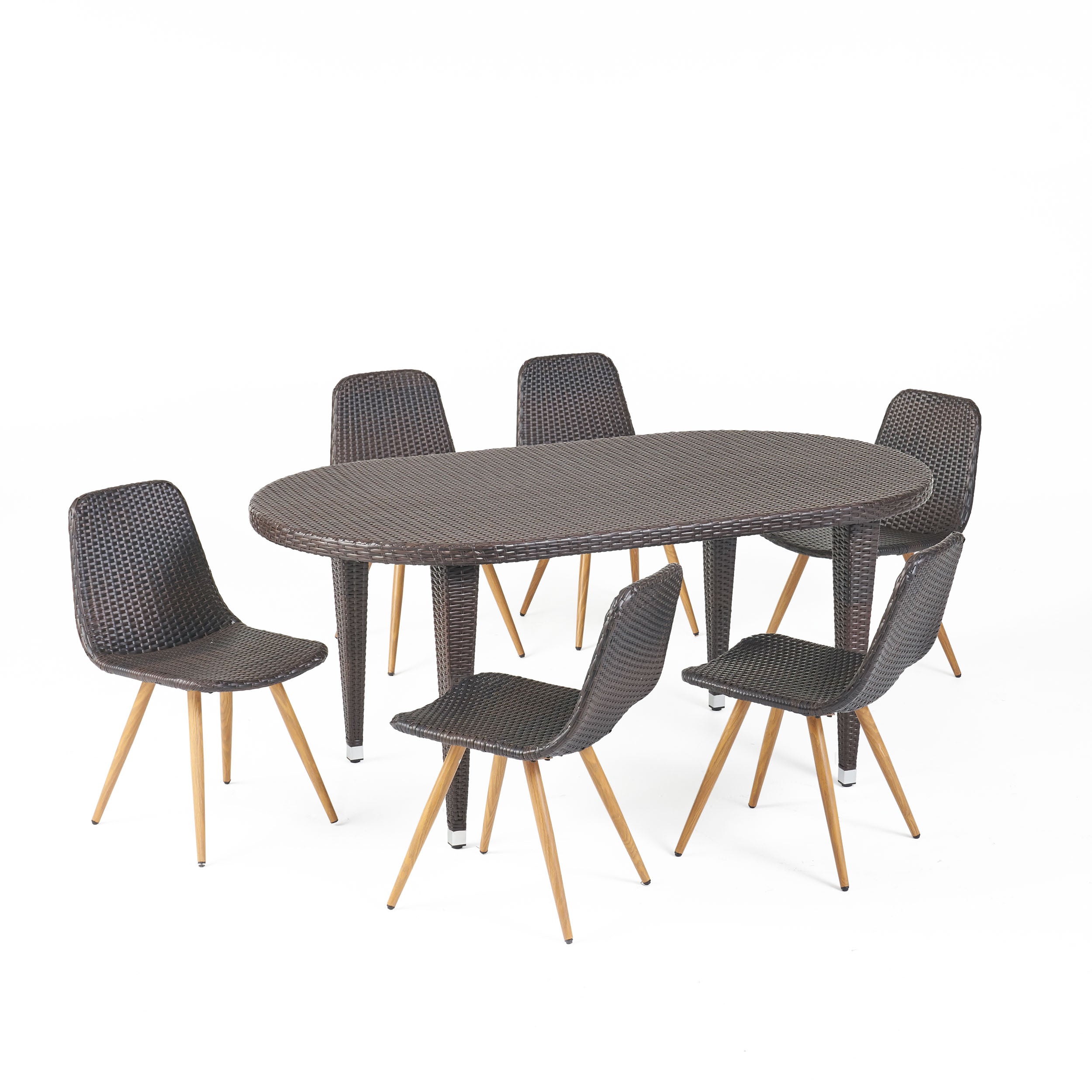 Lynda Outdoor 7 Piece Wicker Oval Dining Set with Wood Finished Legs