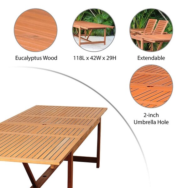 Amazonia Brown Rectangular Eucalyptus Wood Outdoor Dining Table with Extension