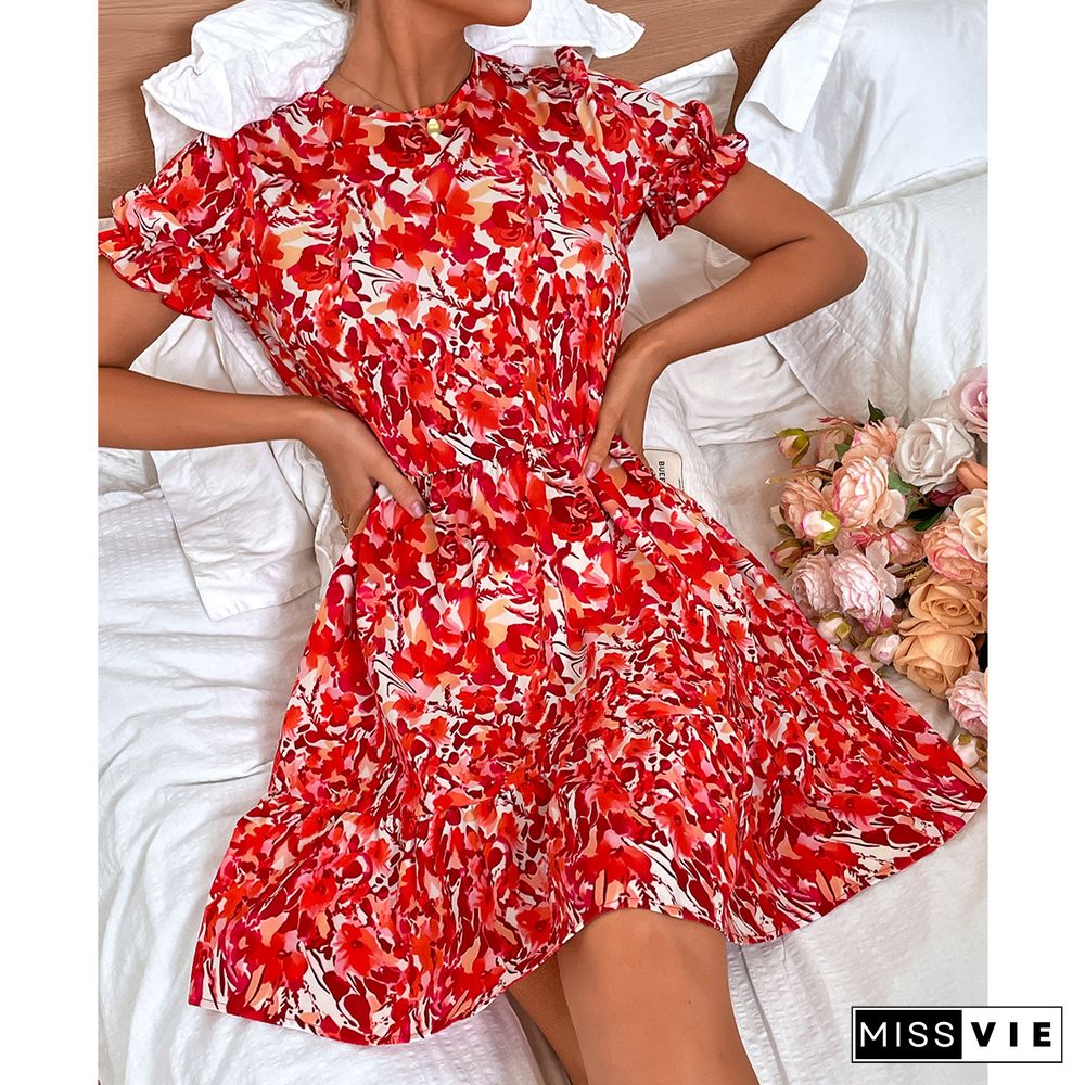 Elegant Floral Print Dresses Women Summer Dresses New Casual O-neck Short Puff Sleeves High Waist Mini A-line Dress