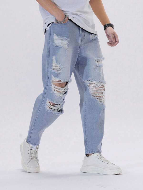 Men Ripped Frayed Tapered Jeans