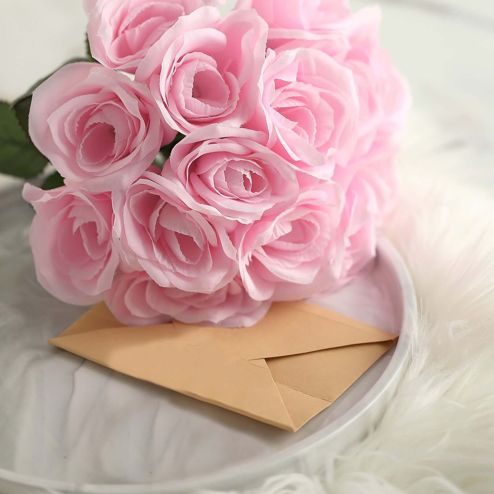 Pink Artificial Velvet-Like Rose Flower Bouquet 12