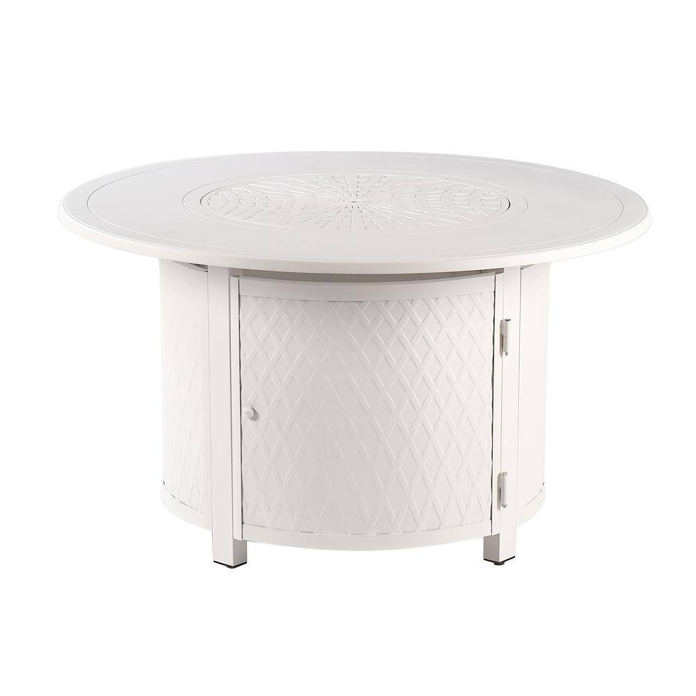 Oakland Living 44 in. x 44 in. White Round Aluminum Propane Fire Pit Table with Glass Beads 2 Covers Lid 55000 BTUs DELASKO-FPT-WT