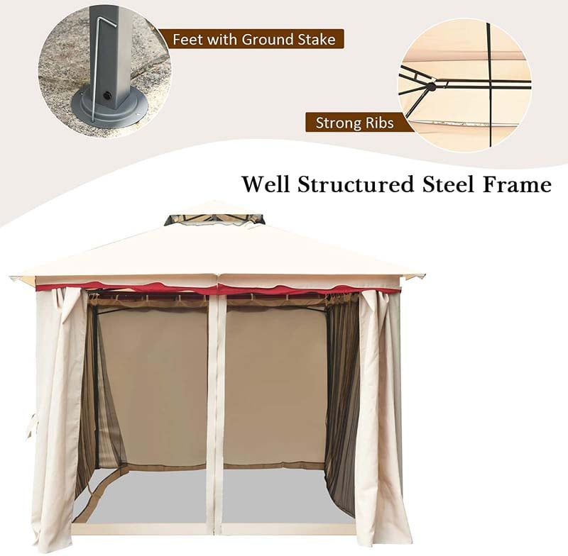 13 x 10 FT Patio Metal Gazebo with Netting & Sidewalls, 2 Tier Roof Large Outdoor Canopy Gazebo Tent