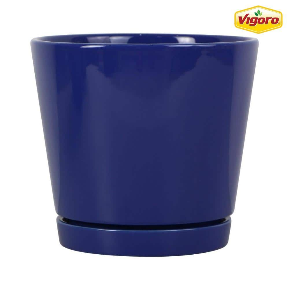 Vigoro 8.1 in. Piedmont Medium Blue Ceramic Planter (8.1 in. D x 7.6 in. H) with Drainage Hole and Attached Saucer CR01721S-08M2