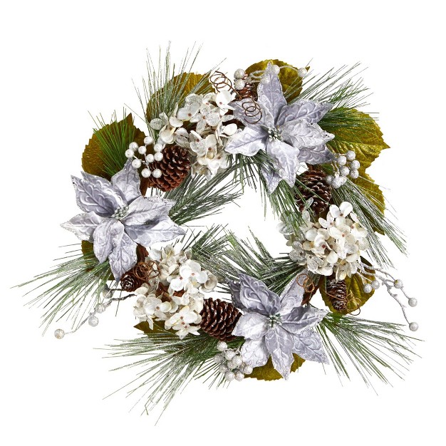 Nearly Natural 24 Silver Poinsettia Hydrangea And Pinecones Artificial Christmas Wreath