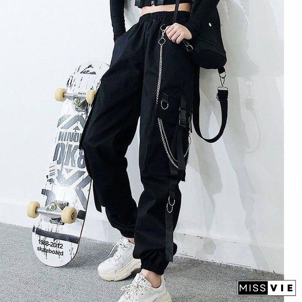 Women Elastic Waist Loose Streetwear Cargo Pants Female Fashion Ankle-length Jogging Sport Trousers Ladies Plus Szie Casual Pant