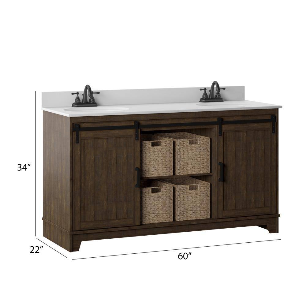 Twin Star Home 60 in.W x 22 in. D x 37.88 in. H Double Sink Bath Vanity in Saw Cut Espresso with White Marble Top and Sliding Barn Door 60BV34004-PD01