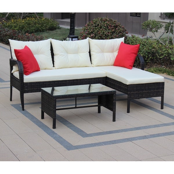 3-Pieces Outdoor Patio Furniture Sets for 3-4， Wicker Rattan Sectional Conversation Set with 2 Seat Cushions and 3 Back Cushions - Overstock - 37426701