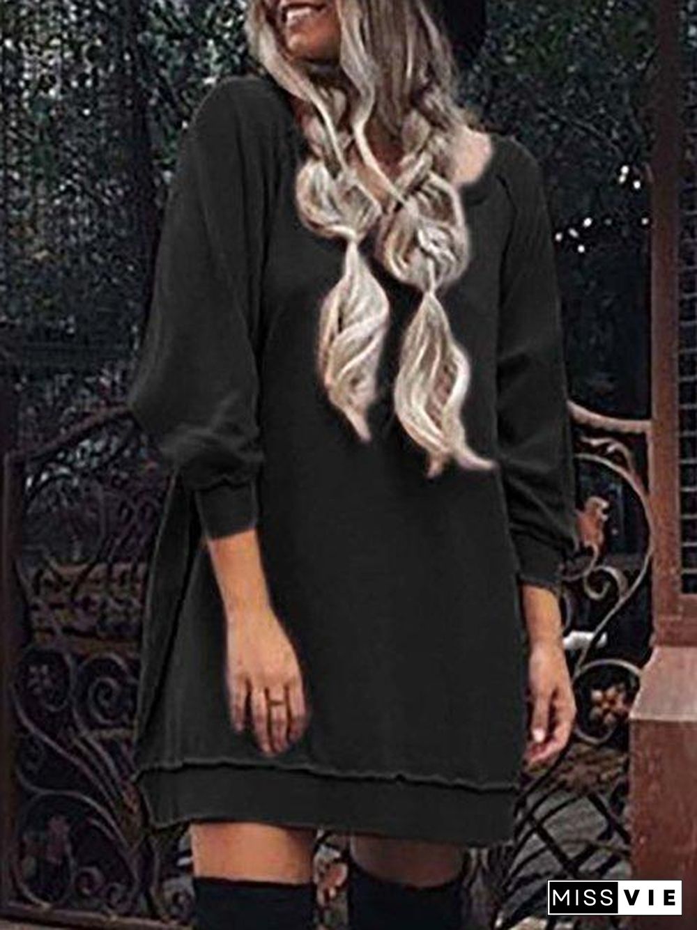 Cowl Neck Shift Women Daily Long Sleeve Casual Solid Fall Dress