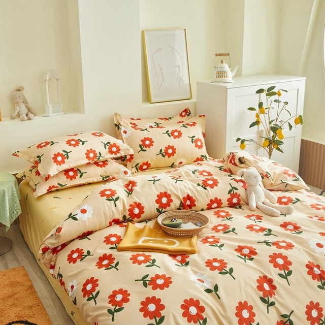 Flower Duvet Cover Bedding Set Peach Daisy Pastoral style Flat Bed Sheet