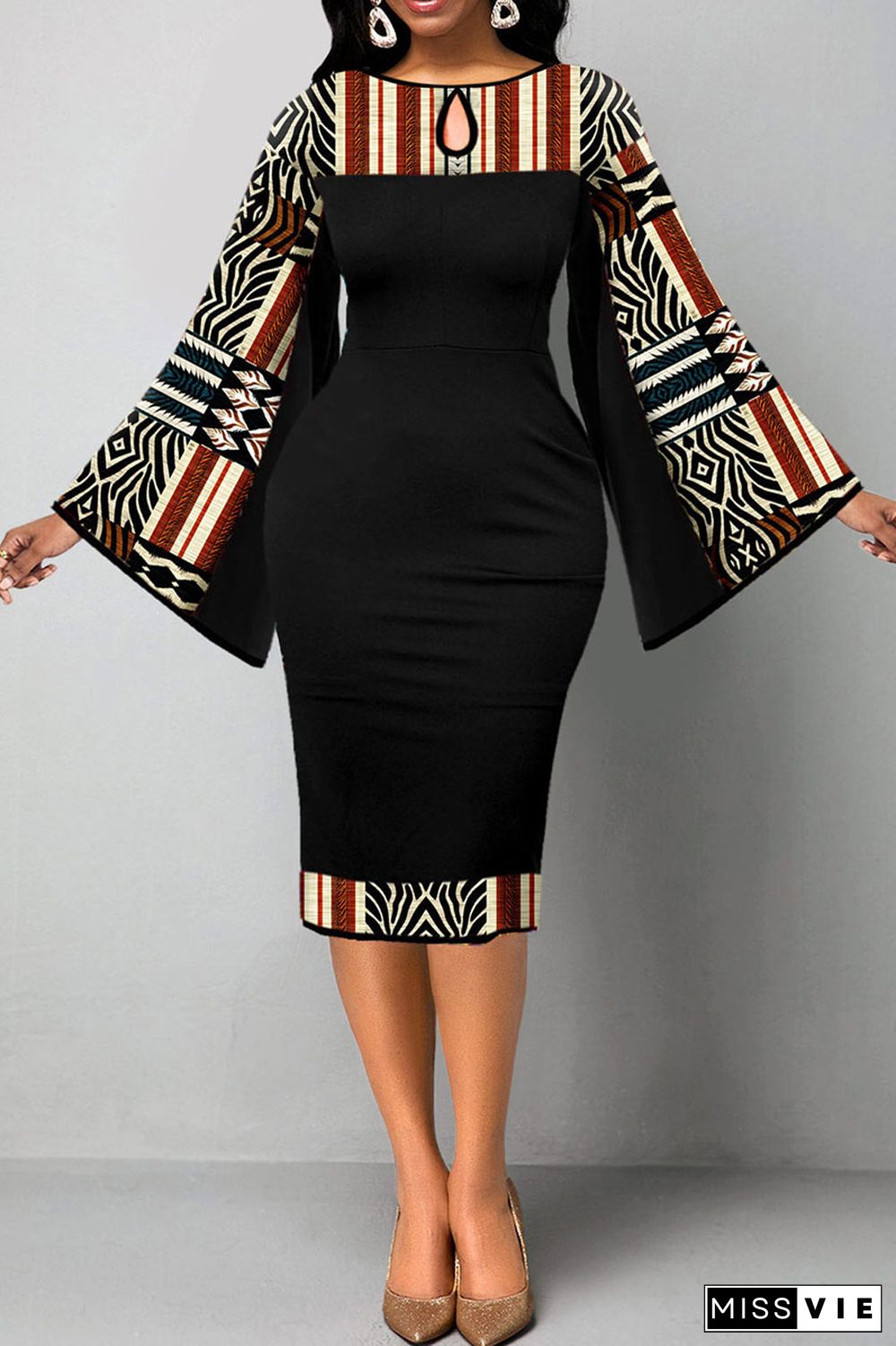 Orange Black Casual Elegant Print Patchwork O Neck One Step Skirt Dresses