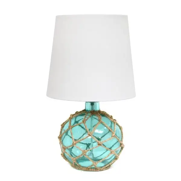 Elegant Designs Buoy Rope Nautical Netted Coastal Ocean Sea Glass Table Lamp with White Fabric Shade， Aqua - 9(L)9(W)14.75(H)