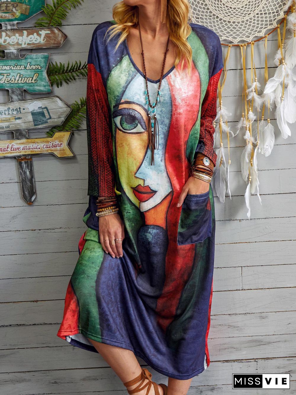 Abstract Long Sleeve Knitting Dress