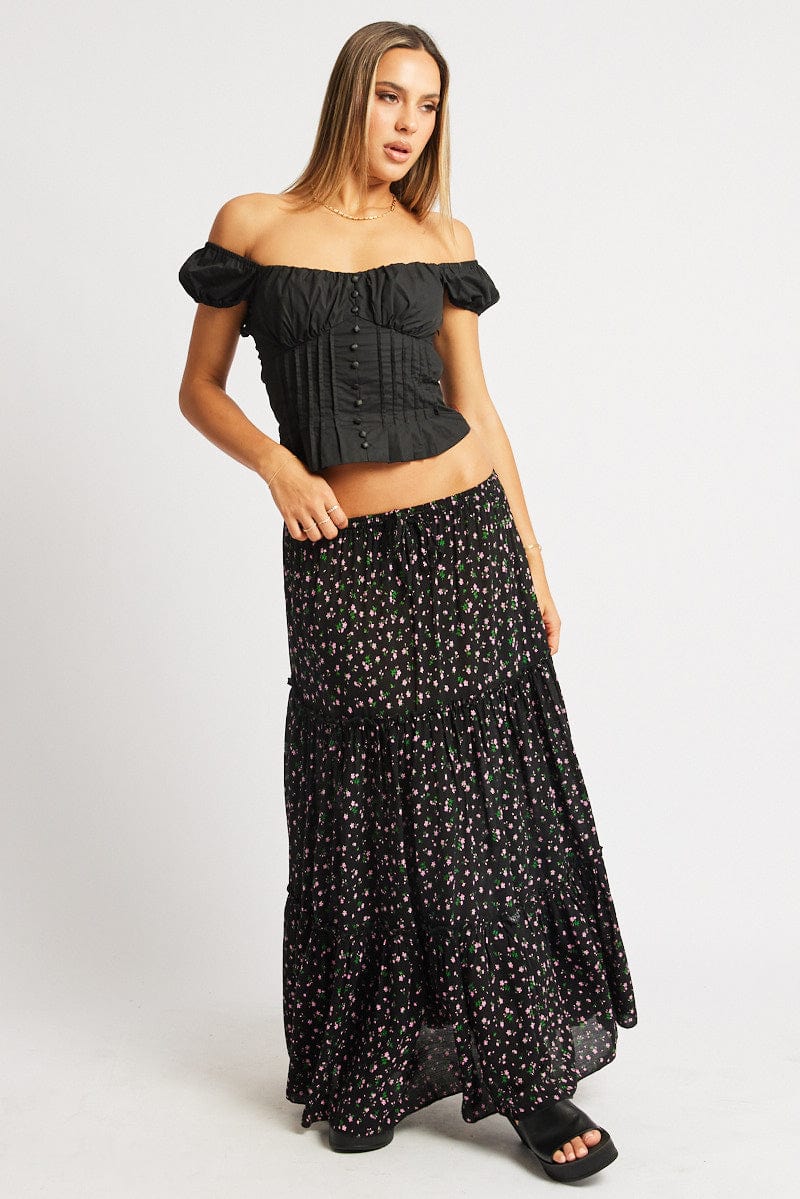 Black Ditsy Maxi Skirt Tiered High Rise Elastic Waistband