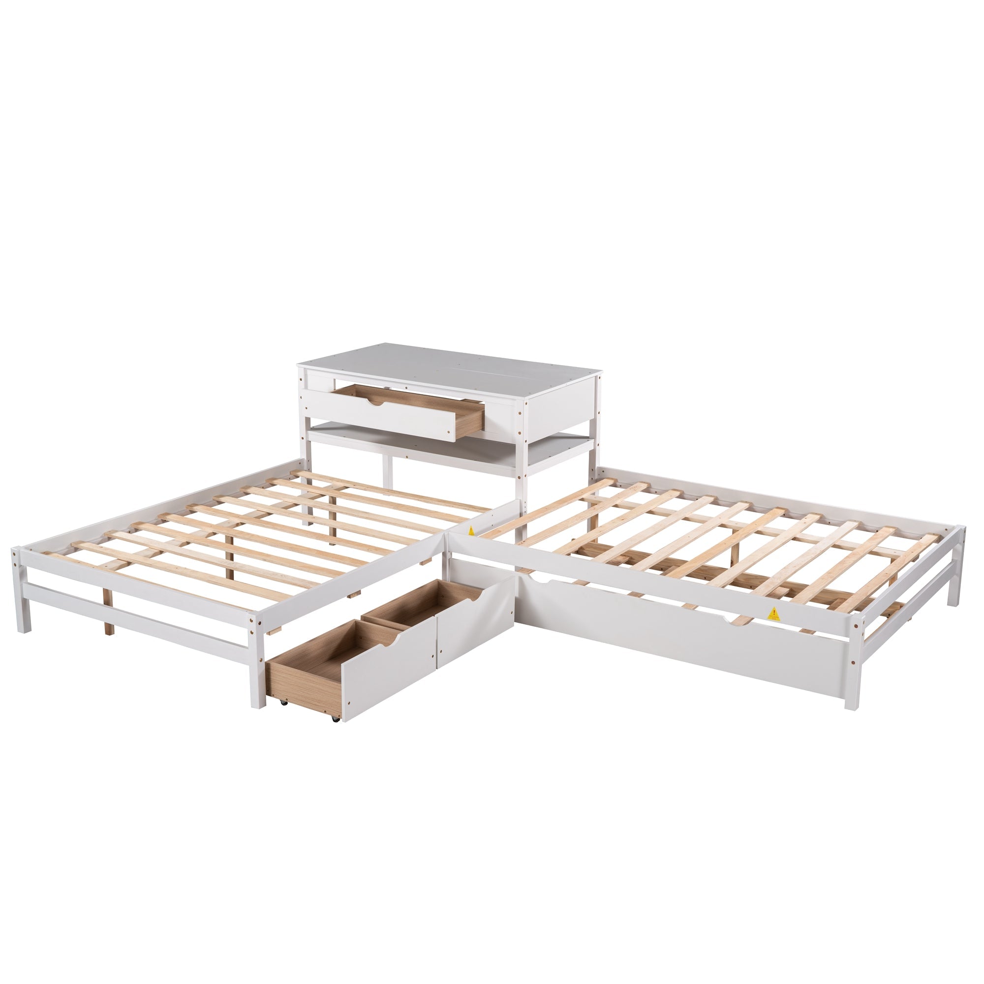 Full L-Shaped Platform Beds with Trundle, Drawers and Table for Kids Bedroom, White