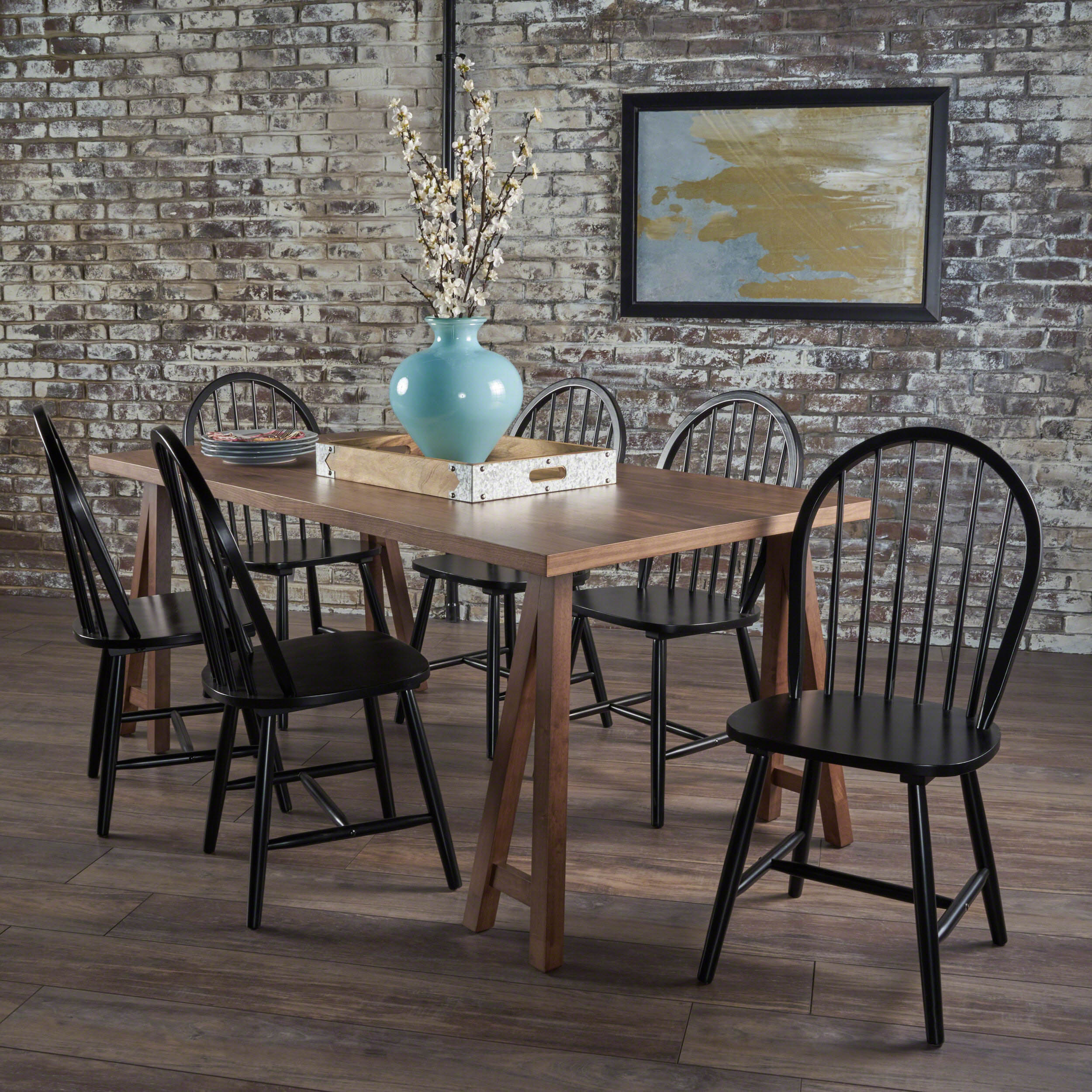 Angela Farmhouse Cottage 7 Piece Faux Wood Dining Set with Rubberwood Chairs