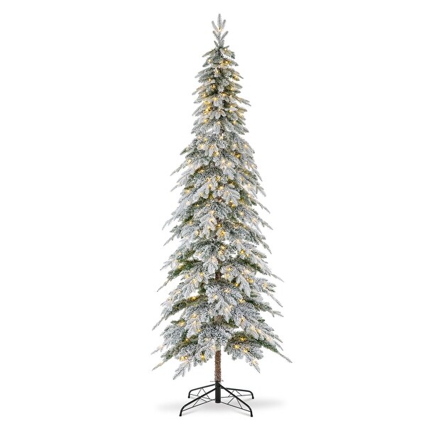 Glitzhome PreLit Flocked Pencil Spruce Artificial Christmas Tree with Warm White Lights