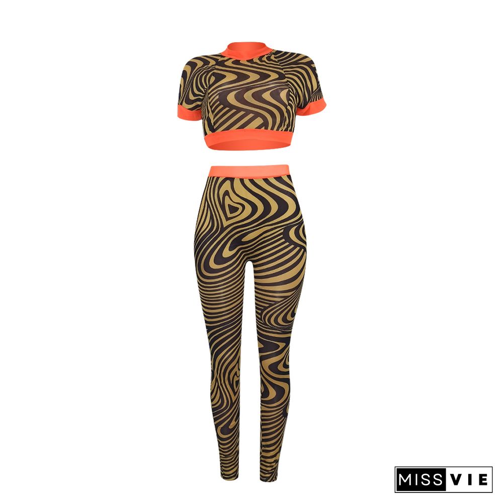 Mesh Printing Short Sleeve Crop Top And Pants Set