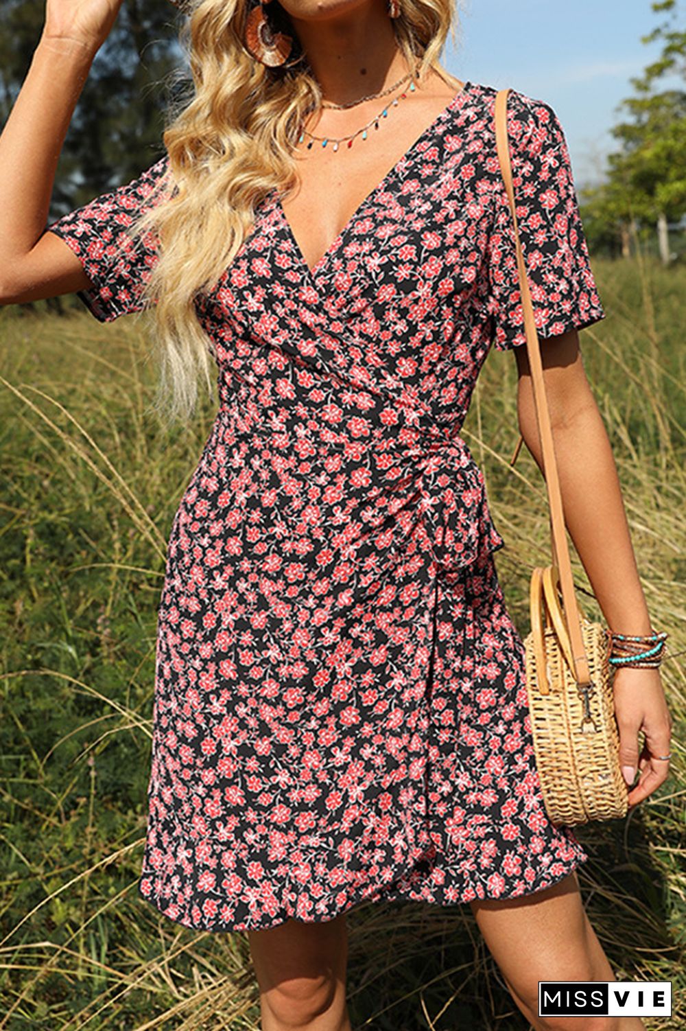 Floral Print V Neck Short Dress Wholesale