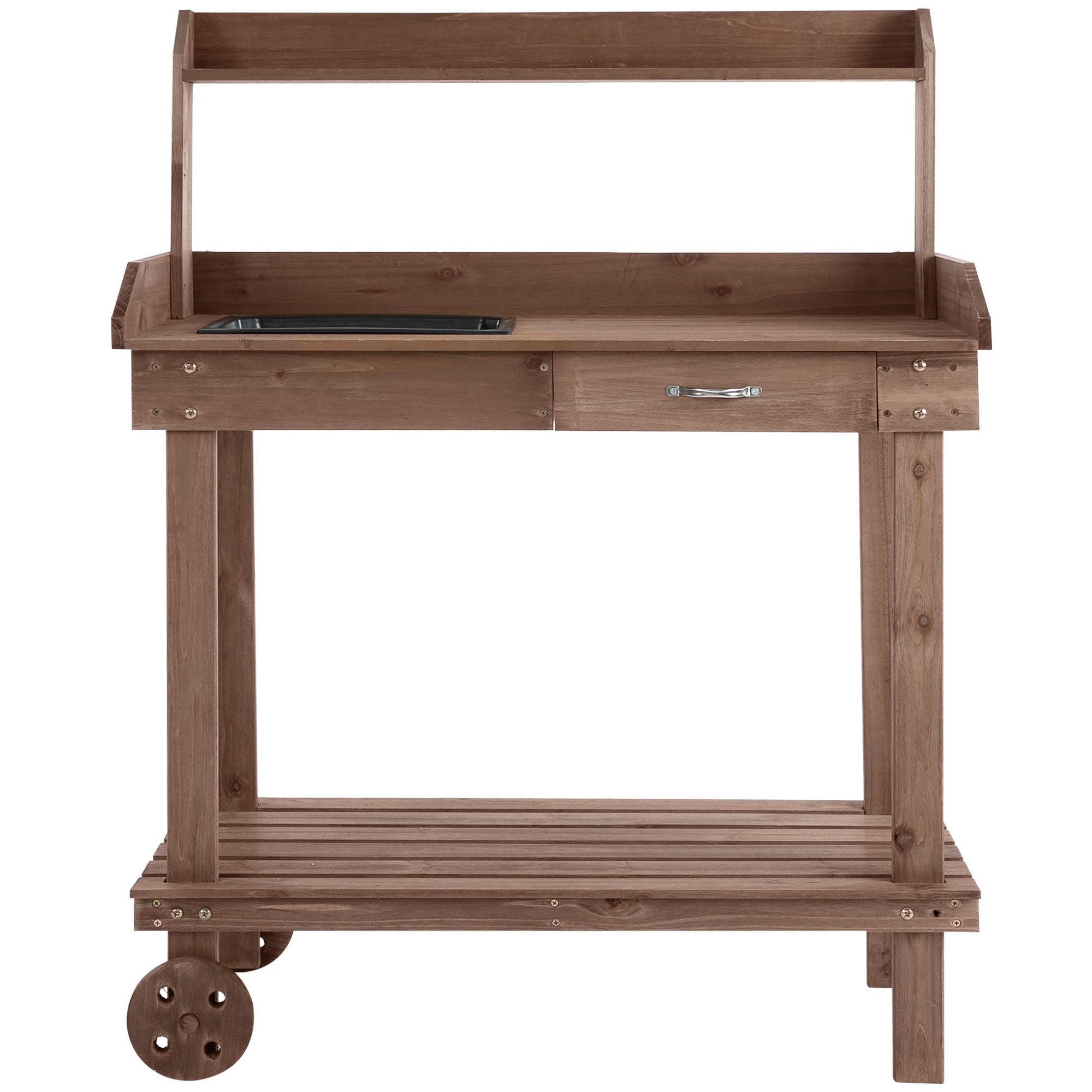 ametoys 36" x 18" x 47'' Gardening Workbench with 2 Removable Wheels & Large Storage Spaces Wooden Potting Bench Work Table - Brown