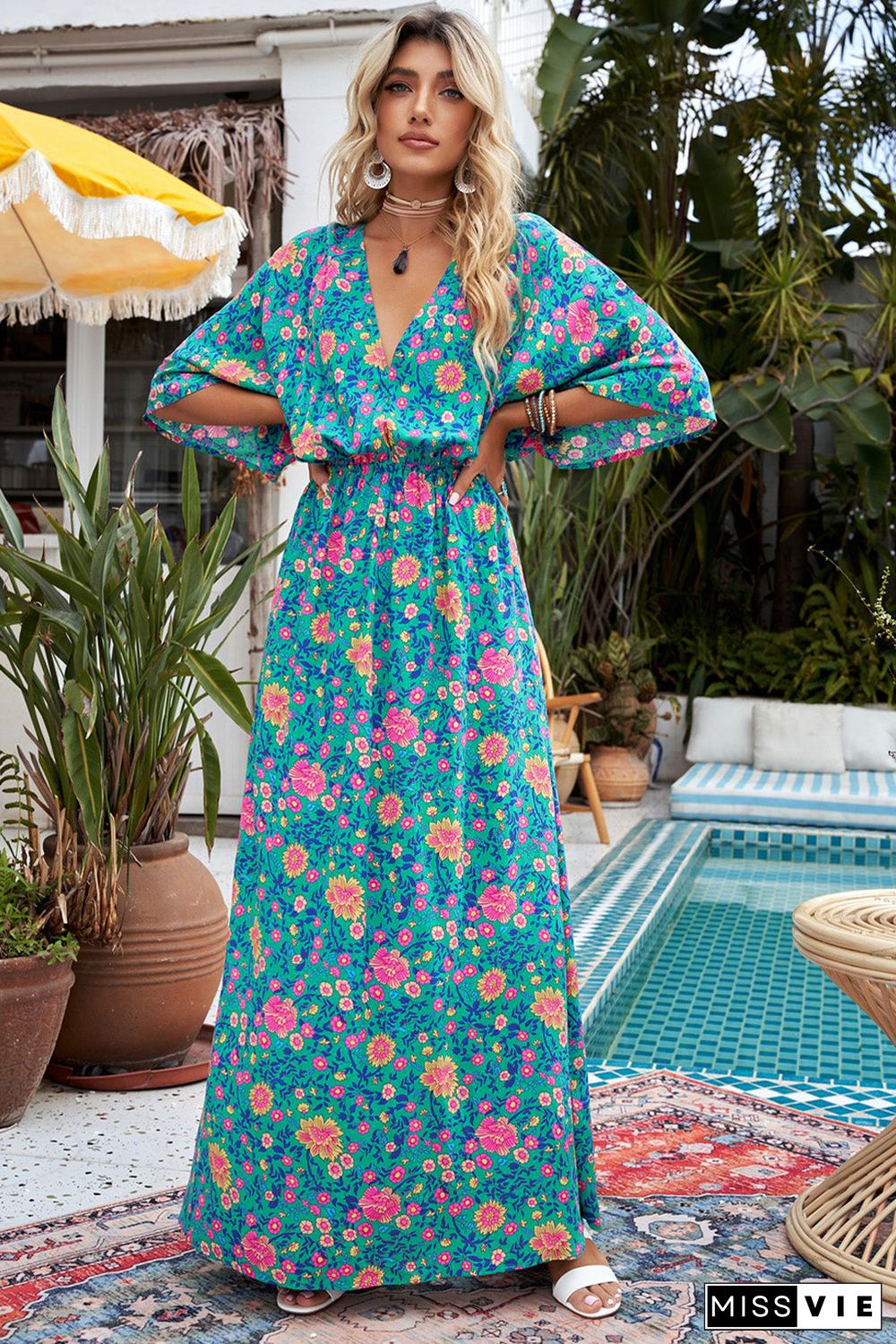 Green Boho Deep V Neck Floral Maxi Dress