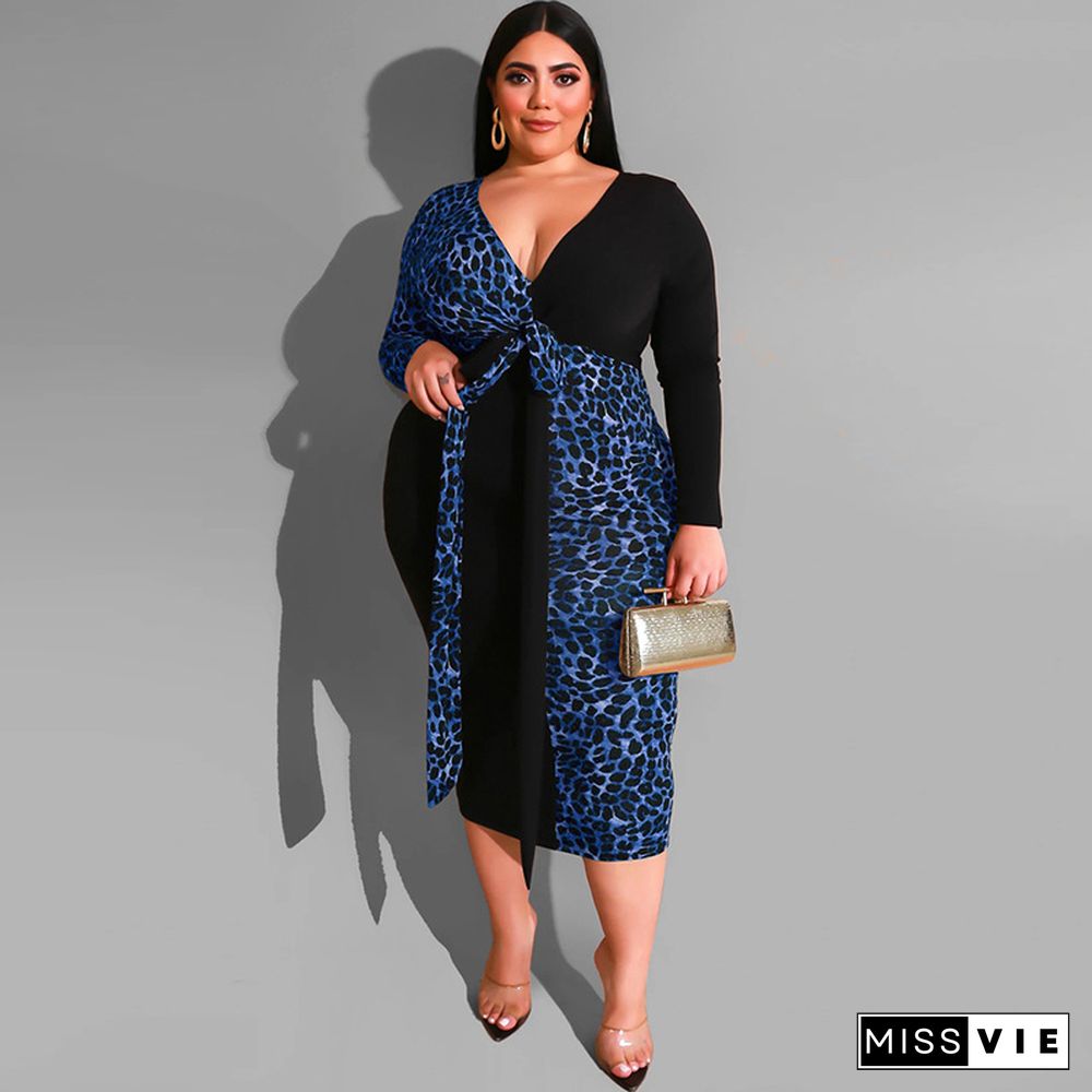 Sexy Deep V Leopard Print Patchwork Plus Size Maxi Dress