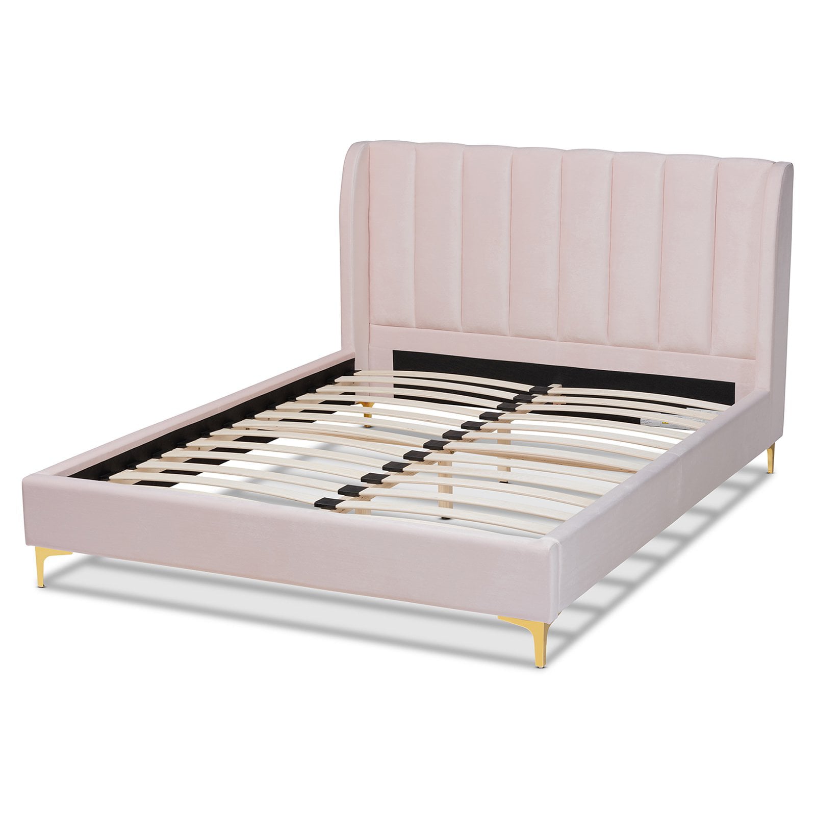 Baxton Studio Saverio Glam and Luxe Light Pink Velvet Fabric Upholstered Queen Size Platform Bed with Gold-Tone Legs