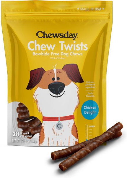 Chewsday Chicken Delight Chew Twists Rawhide-Free Dog Hard Chews， 28 count