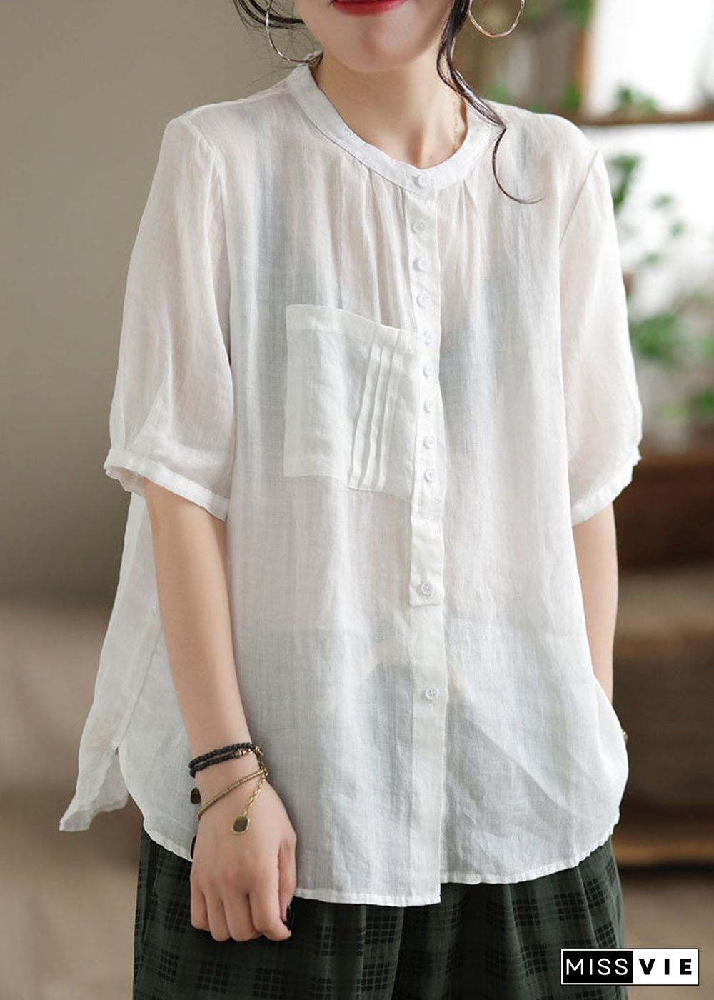 Simple White Pockets Button Patchwork Linen Shirt Top Short Sleeve