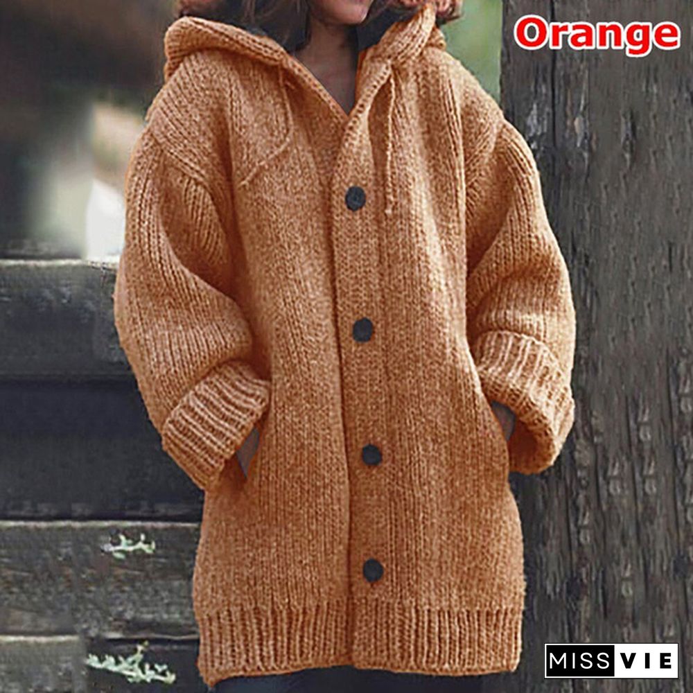 New Autumn Fashion Women Winter Coat Knit Hooded Sweater Loose Mid-length Button Up Knitted Cardigan Jackets for Women Outwear vestidos mujer casacos de inverno feminino