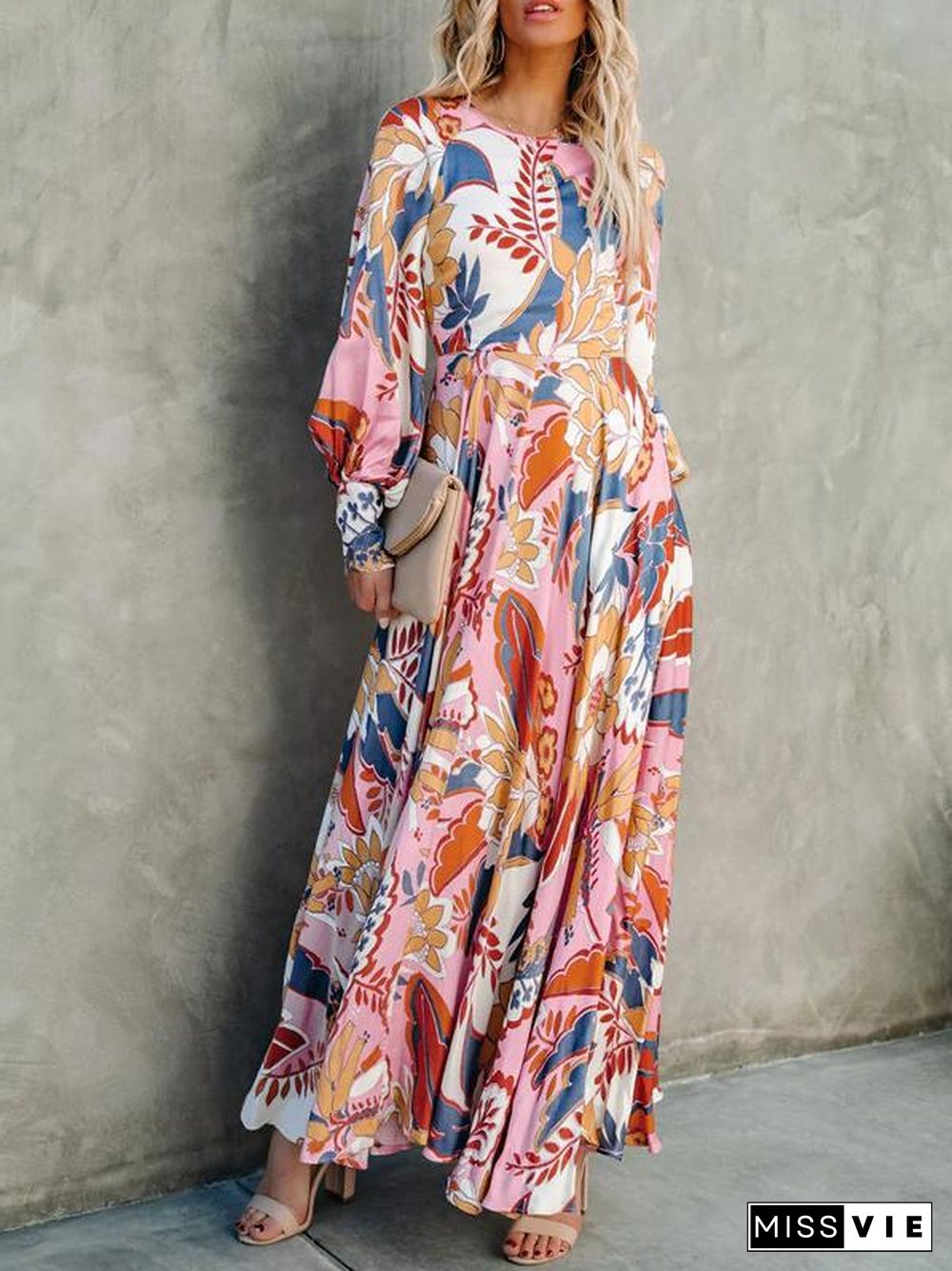 Trendy Fllower Graphic Lantern Sleeve Maxi Dress