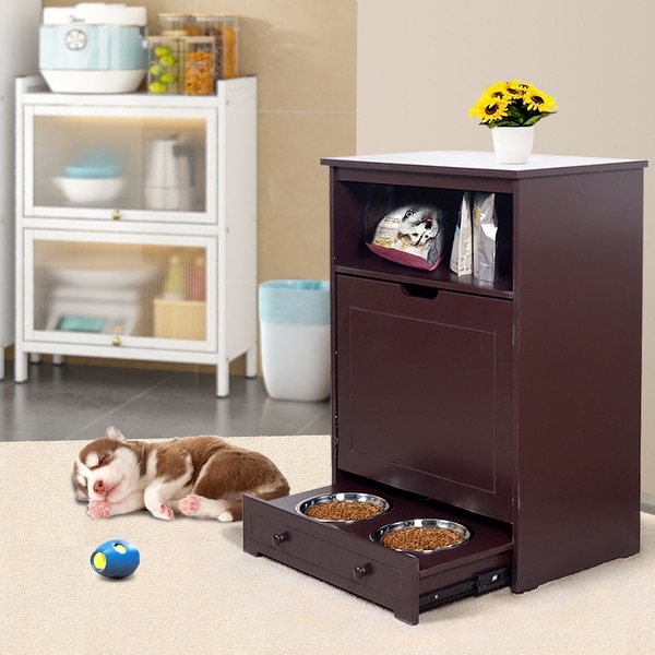 Pet Feeder Station Cabinet End Table with Storage， Stainless Bowl