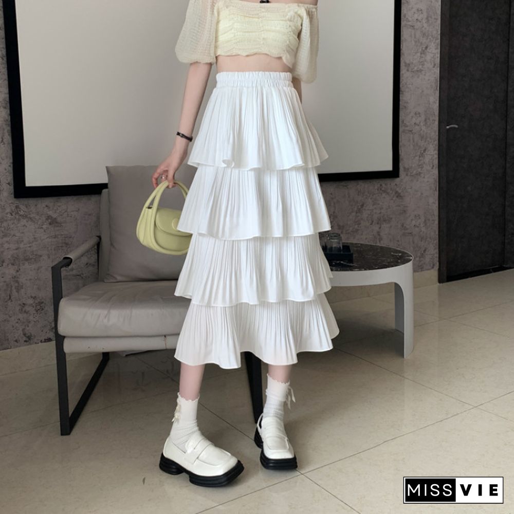 Korean Version Pleated Ruffled Black Skrit Women Summer New Half Body A-line High Waist Layered Cake Skirt Faldas Mujer