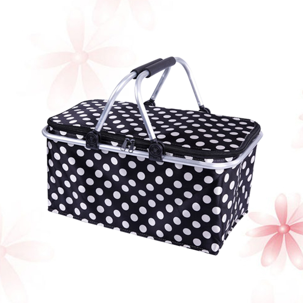 TINKSKY Polka Dot Collapsible Picnic Basket Insulated Picnic Basket Takeaway Box 46x28x23cm