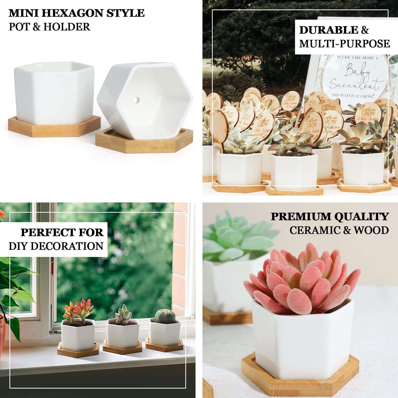 6 Pack White Geometric Hexagon Ceramic Planter Pots, Bamboo Tray Base w/ Drainage Hole, Cactus and Succulent Planters With Removable Bottom 3