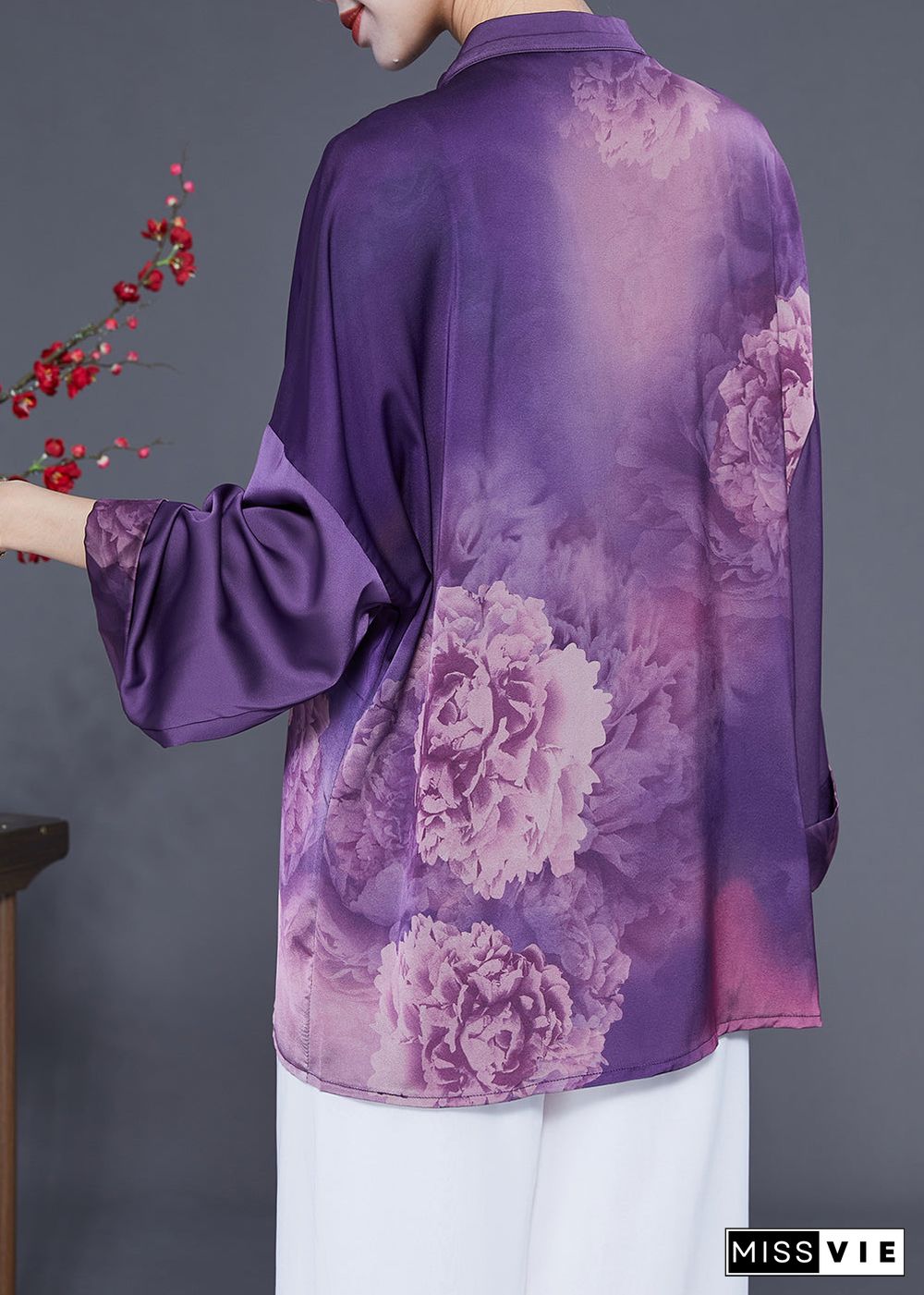 Handmade Purple Stand Collar Tassel Print Silk Shirts Spring