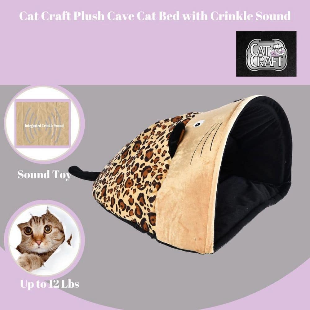 CAT CRAFT Plush Cave Cat Bed with Crinkle Sound, Cheetah 40533