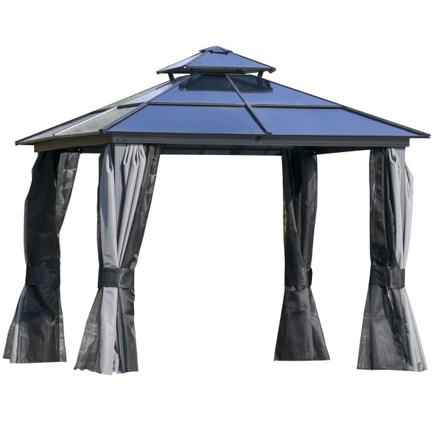 Outsunny Hardtop Gazebo Outdoor Polycarbonate Canopy Aluminum Frame Pergola With Double Vented Roof Netting amp Curtains For Garden