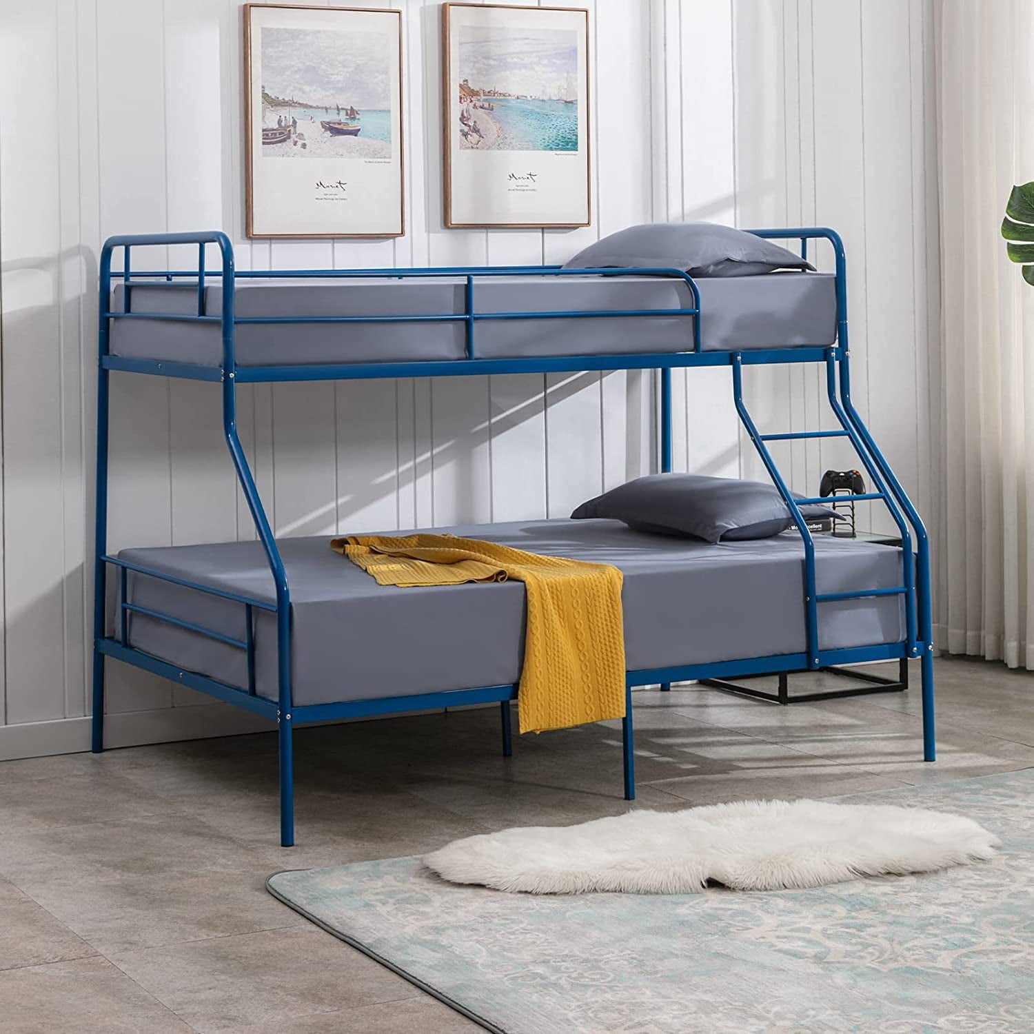 cuoote Heavy Duty Bunk Bed, Metal Twin Bunk Beds for Kids w/Ladder and Guardrail, Space-Saving Design, No Box Spring Needed, Navy Blue