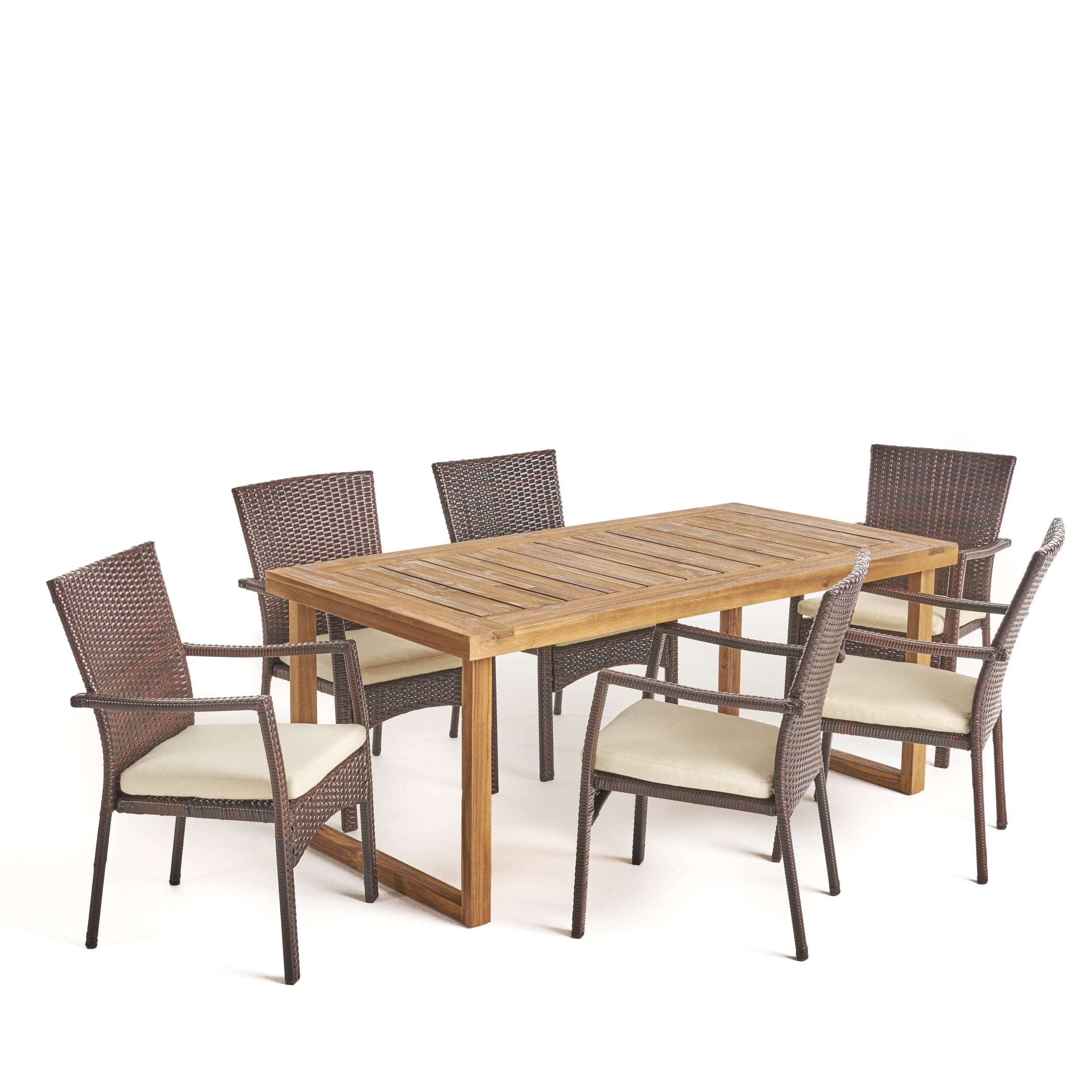 Humphrey Outdoor 6-Seater Acacia Wood Dining Set with Wicker Chairs, Sandblast Natural Finish and Multi Brown and Beige