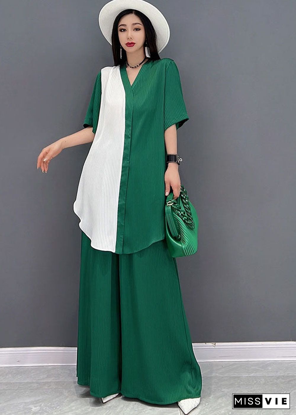 Green Patchwork Chiffon Tops And Wide Leg Pants Two Pieces Set V Neck Tie Waist Summer