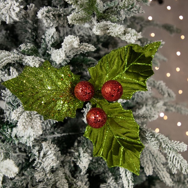 Glittered Holly With Berry Christmas Stem Spray