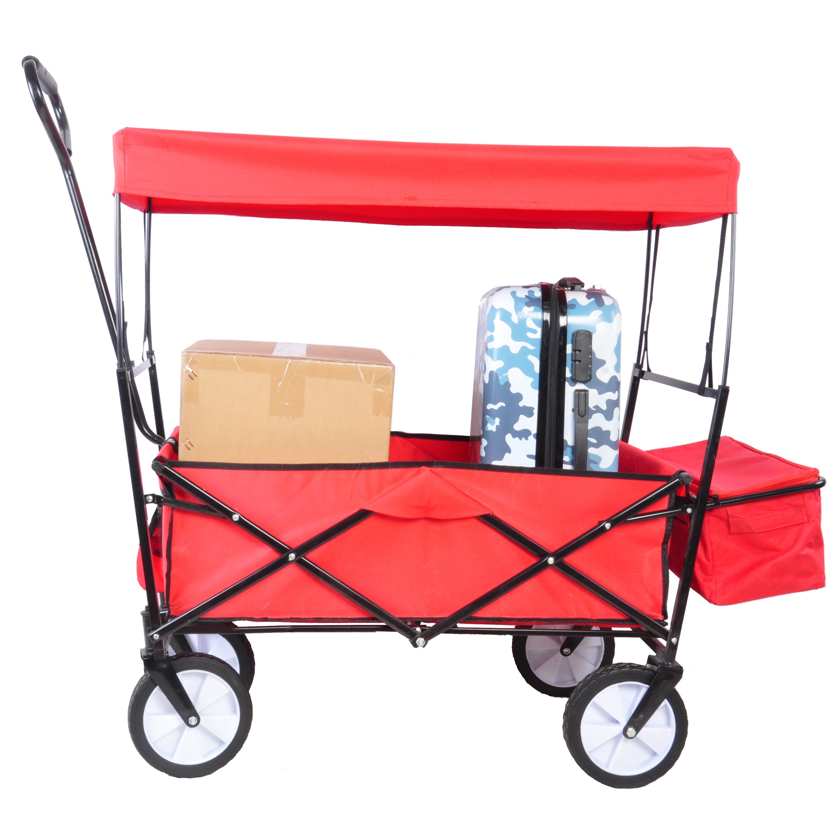 TOPCHANCES Collapsible Wagon Camping Garden Cart with Removable Canopy, Folding Wagon with Adjustable Push Handles for Shopping, Picnic, Beach, Camping, Sports (Red)