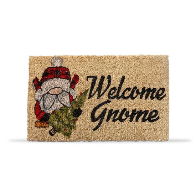 Welcome Gnome Sentiment With Christmas Tree Rectangle Indoor Outdoor Coir Door Welcome Mat Beige Background