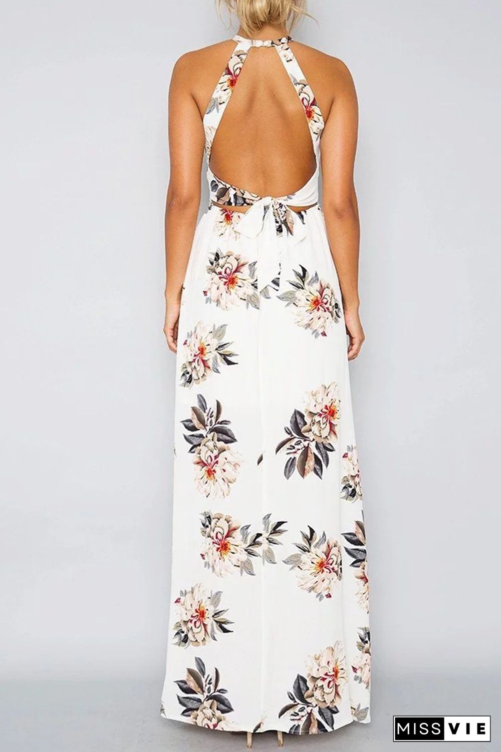 Elegant Floral Backless Slit Strap Design Halter Dresses(3 Colors)