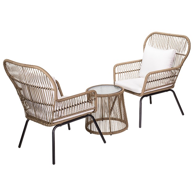 Barton 3 Pieces Outdoor Patio Wicker Chat Conversation Bistro Set 2 Chairs And Table Beige